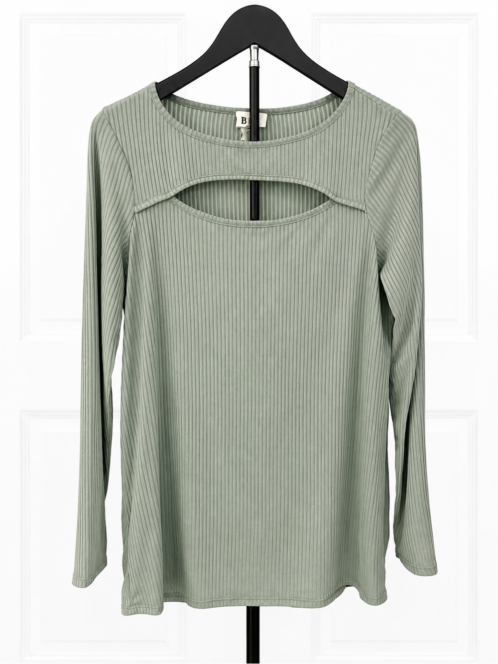 BiBi Sage Green Ribbed Long-Sleeve Top with Front Cutout